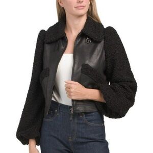 MWT MAX STUDIO LONDON Faux Leather Jacket With Fur Sleeves And Collar